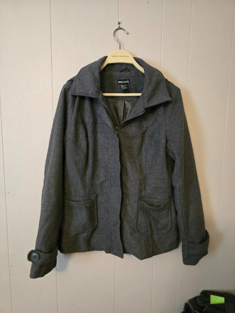 Wet Seal Jacket Women's Medium Wool Grey Academia Y2k Hooded Wool Blend